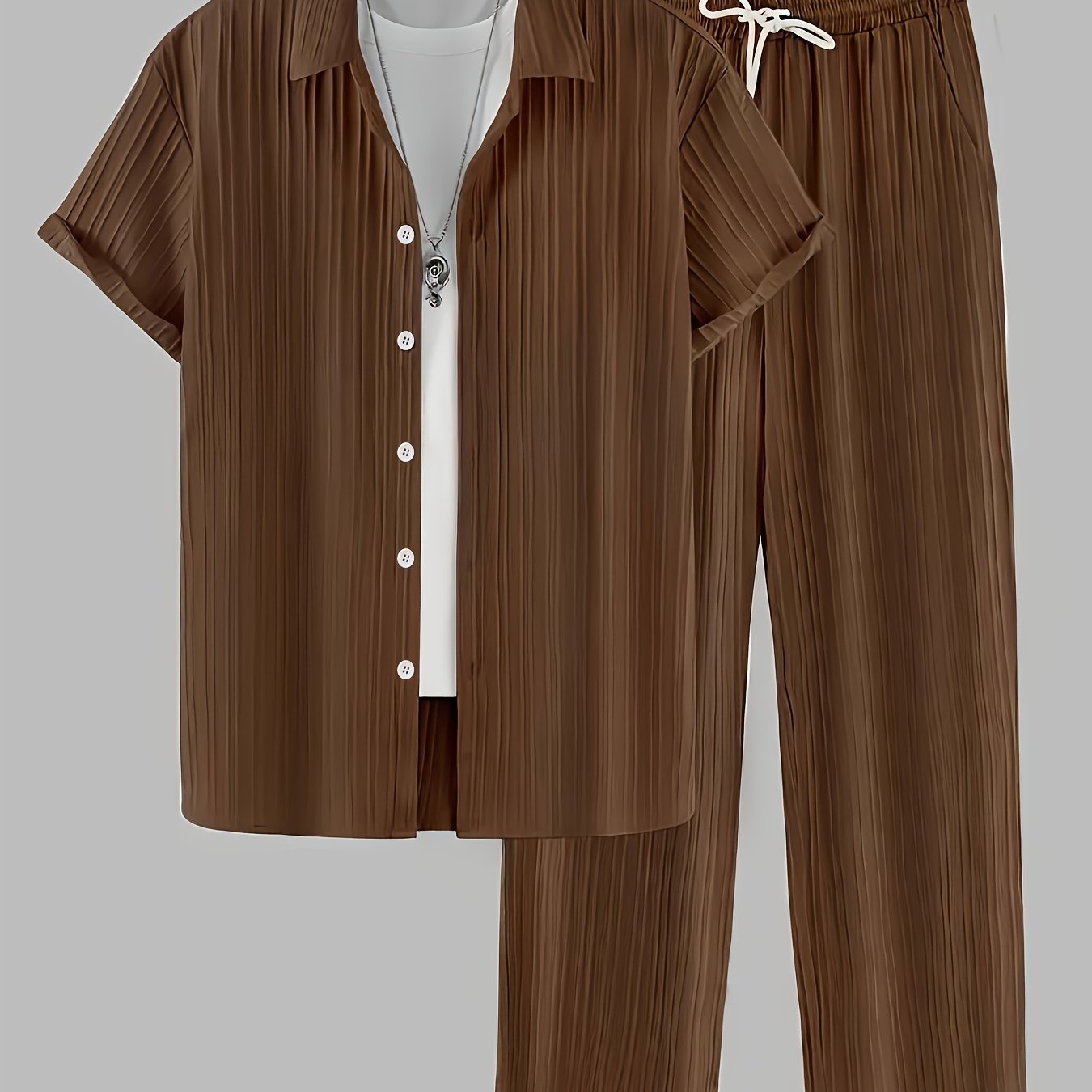 Stylish men's set: striped shirt with buttons and drawstring pants for casual outdoor wear.