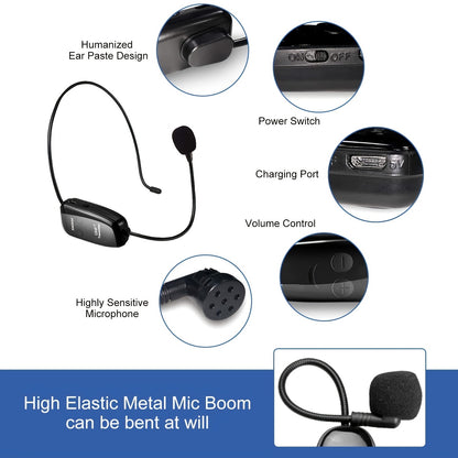 Rechargeable wireless microphone headset with UHF receiver, ideal for public speaking and teaching, USB Type-C charging.