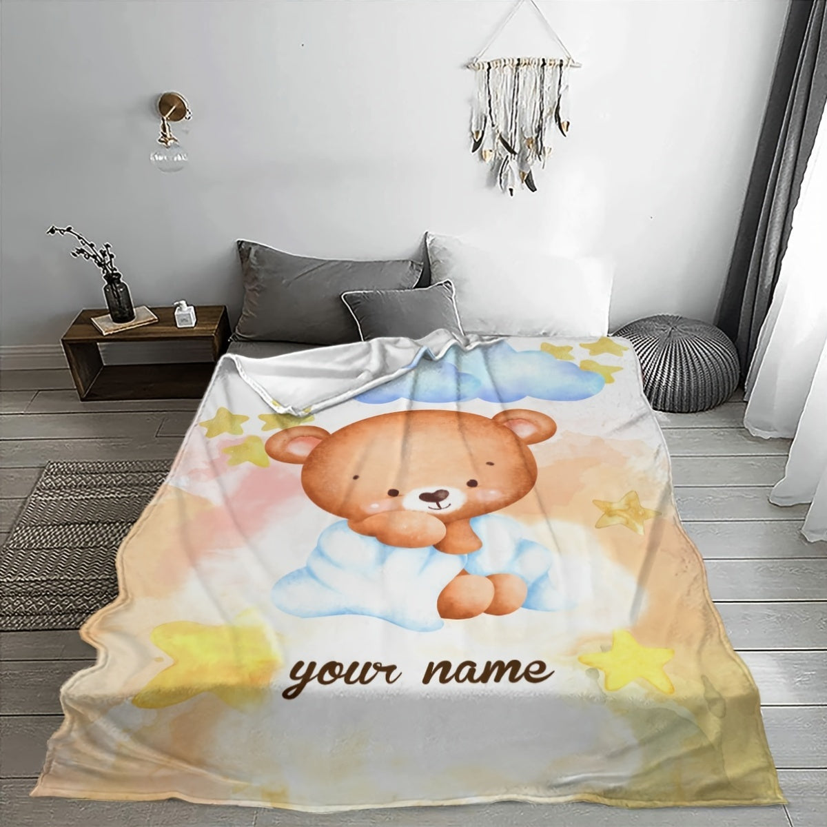 Personalized Cartoon Bear Print Flannel Throw Blanket - Modern Style, Versatile All-Season Knitted Polyester Blanket for Various Uses, Stylish Gift Blanket for Home Decor - Customize with Your Name