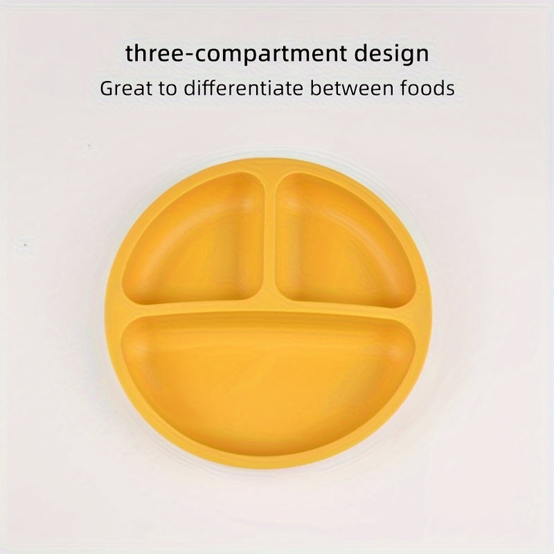 Three-compartment round dinner plate made of 100% food-grade silicone, featuring a reinforced design for added thickness and durability. This high-temperature resistant soft plate is perfect for training and comes with training tableware compartments.