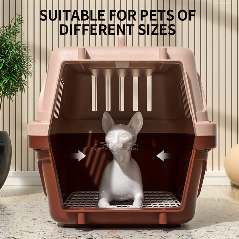 Airline approved portable pet carrier with secure locking mechanism and comfortable padding for cats and dogs.