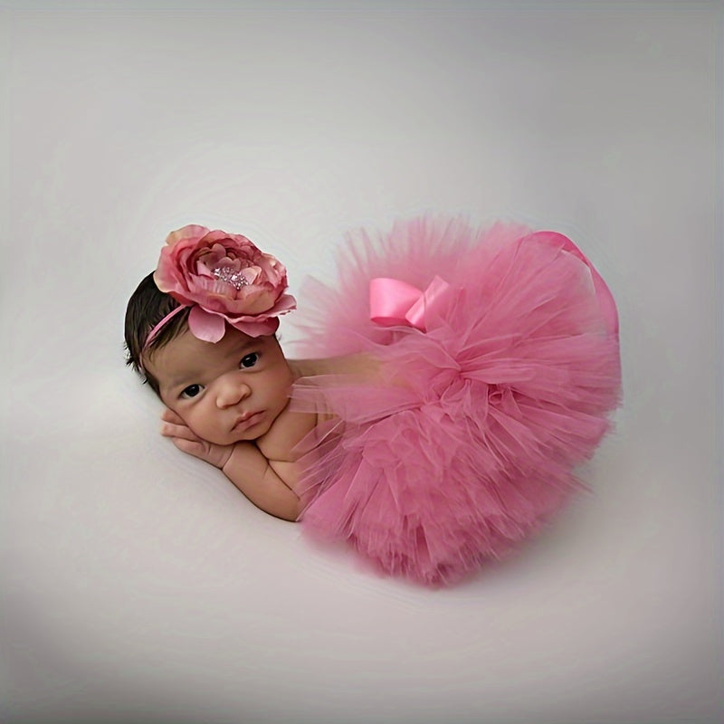 Magical Magenta Ballet Tutu Set for Newborn Girls - Includes Fluffy Tulle Skirt and Matching Headband with Floral Accents. Perfect for Baby Photo Shoots, Birthday Celebrations, and Cherished Keepsake Moments. Made from Soft Nylon Material, this Infant