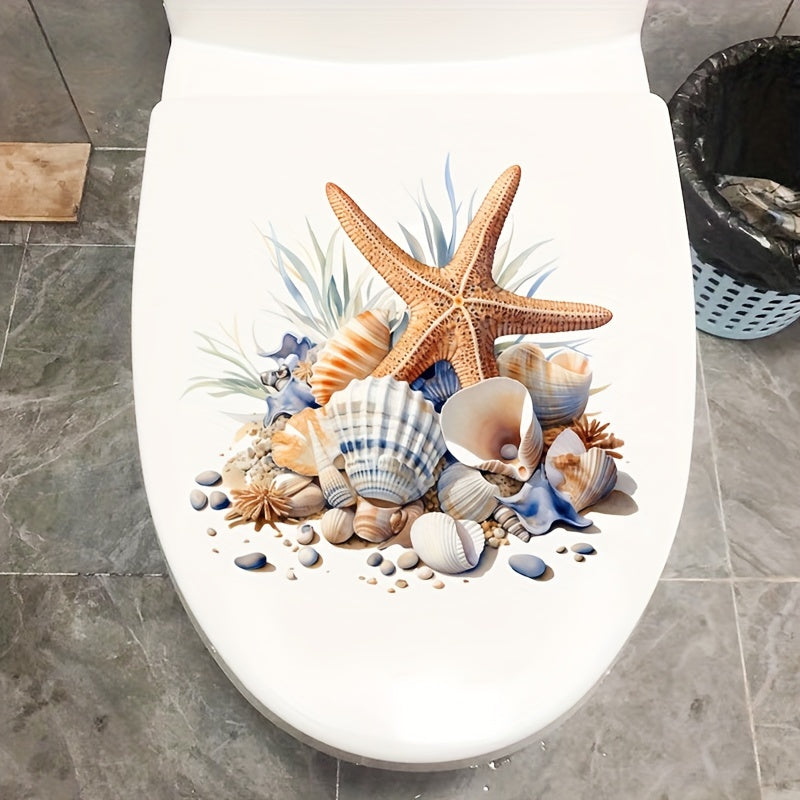 Waterproof toilet sticker with oceanic design: starfish and seashell, self-adhesive PVC, matte finish. Perfect for bathroom decor, easy application on tank and lid. Great Christmas or Halloween gift decoration.