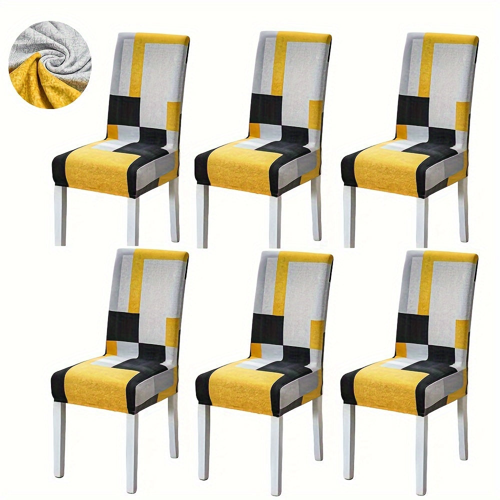 Set of 4/6 elastic dining chair slipcovers with geometric print for home, hotel, restaurant, banquet decor protection.