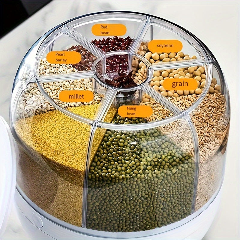 Large capacity rotating rice dispenser for storing rice, cereals, grains, flours, and pet food. Airtight, insect-proof, and space-saving kitchen organizer.