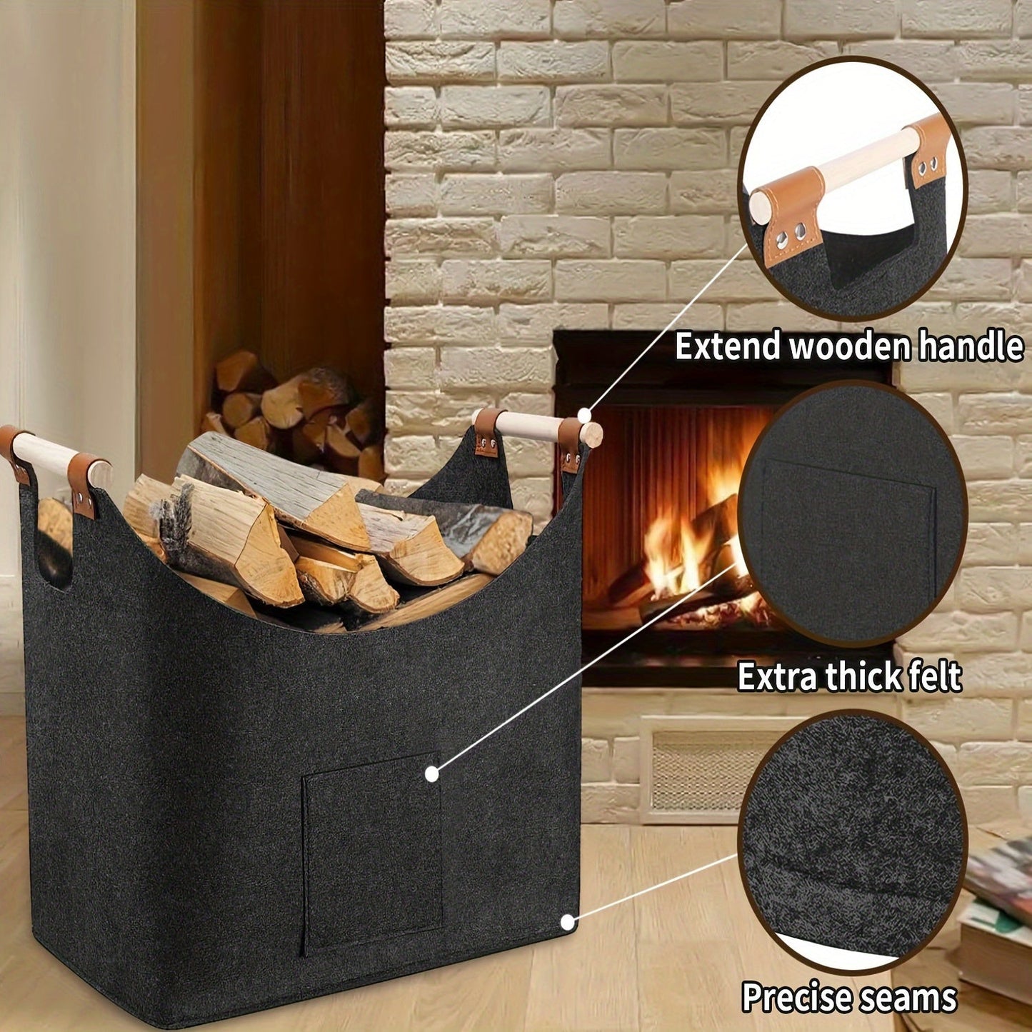 60L Extra Thick Felt Firewood Basket with Reinforced Handles - Foldable & Durable for Indoor/Outdoor Use - Ideal for Storing Wood, Books, Clothes - Dark Grey