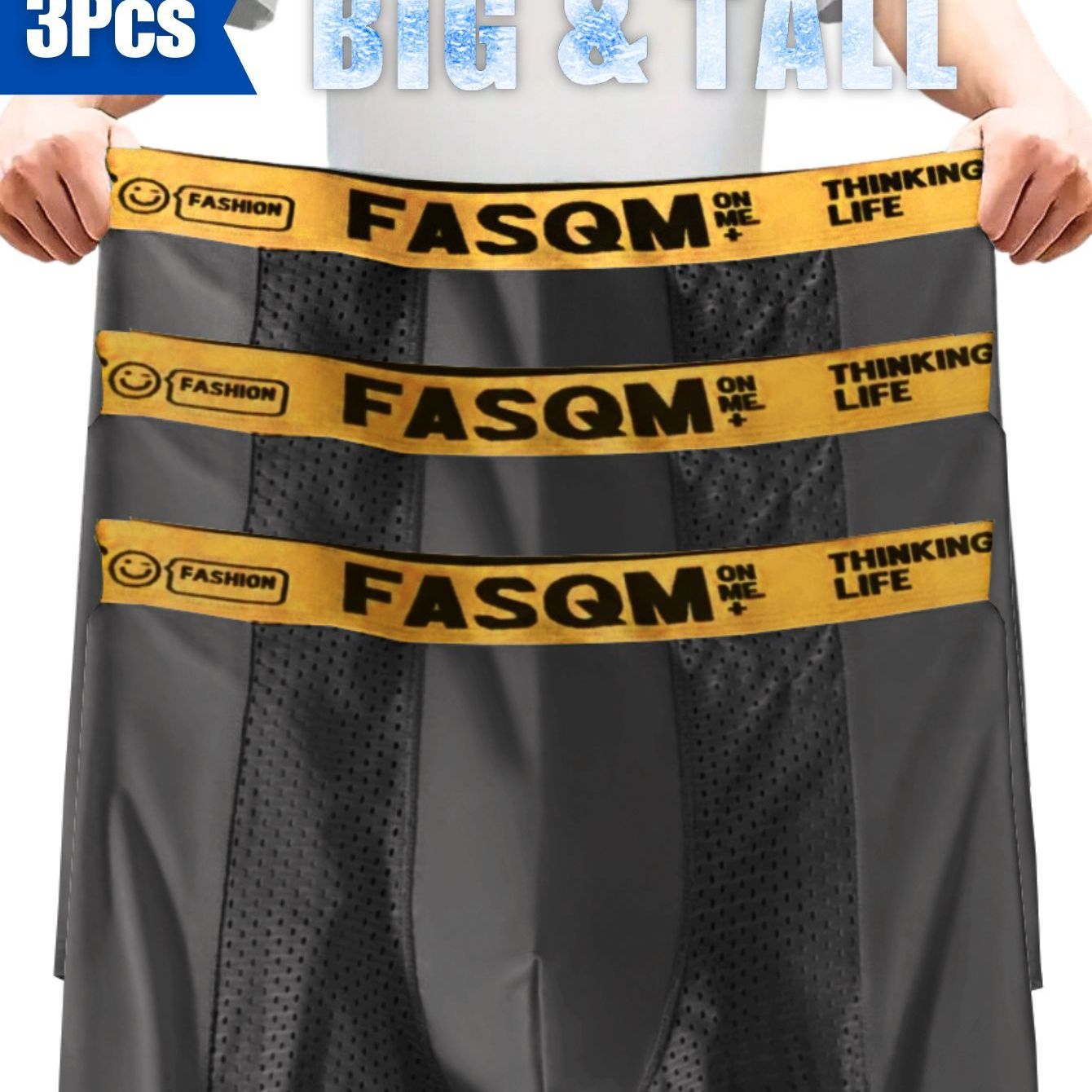 Plus Size Men's Ice Charm Boxer Briefs with Mesh Patch Breathable Stretchy Trunks in Green, Sky Blue, Black, or Deep Gray with Contrast Letter Print Waist Band, PLUS SIZE