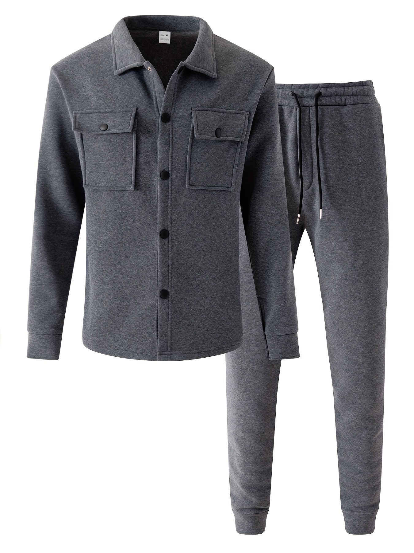 Men's polyester winter outfit set with button-up shirt and pants featuring flap pockets in solid color, ideal for fall/winter.