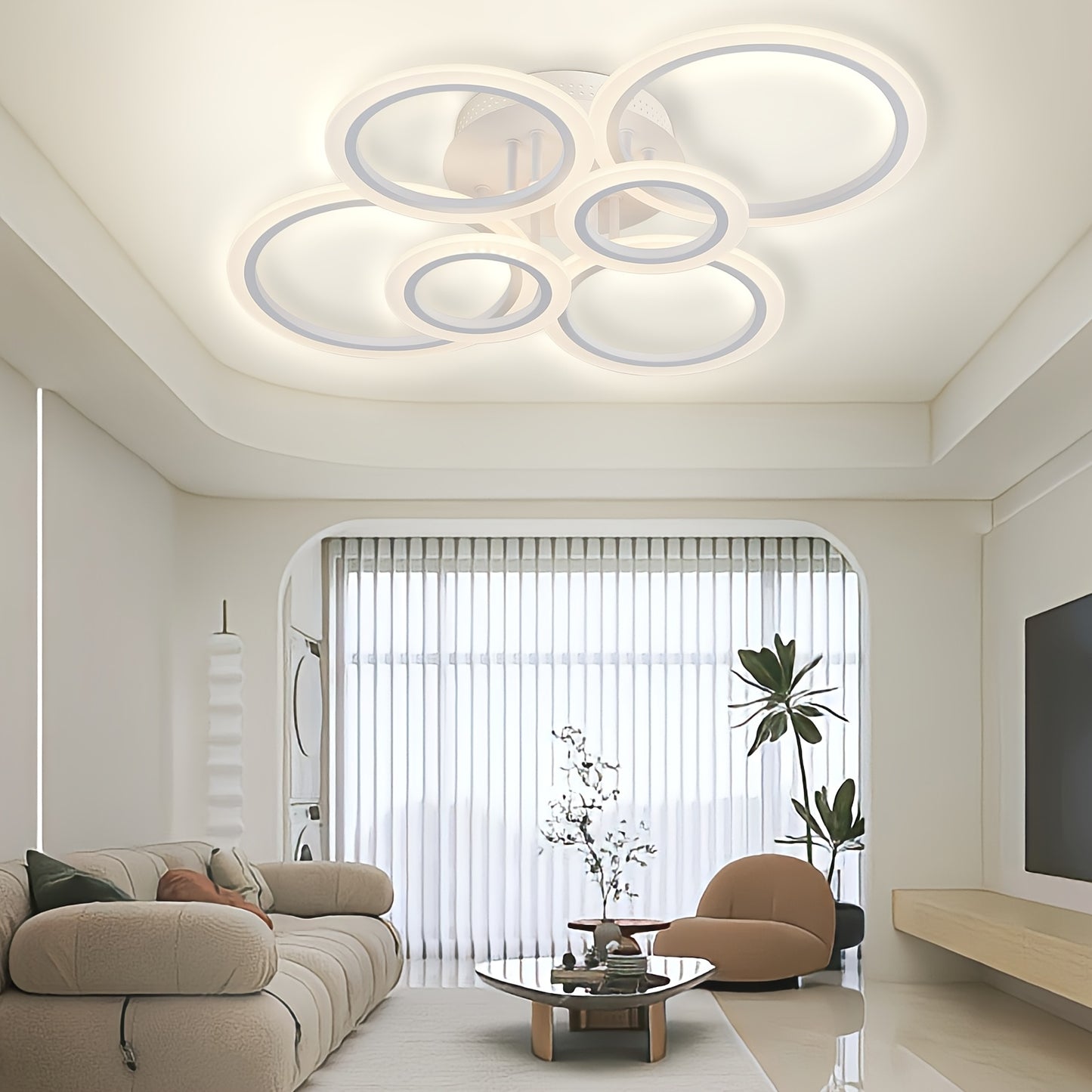 Flush mount 6-head LED ceiling light with remote control, ideal for low ceilings in living rooms, bedrooms, and kitchens.