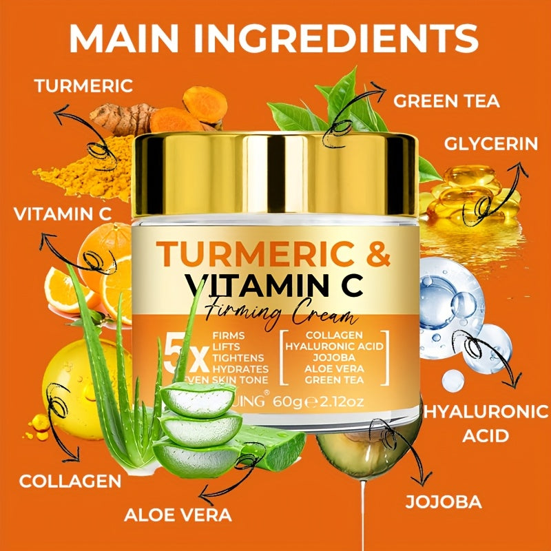 JAYSUING Turmeric & Vitamin C Firming Cream is a unisex adult moisturizer for all skin types, containing Hyaluronic Acid, Collagen, Jojoba, Vitamin E, and Retinol for hydration, firming