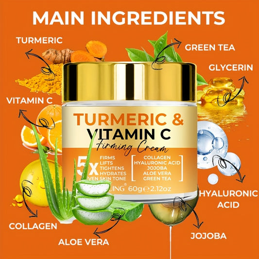 JAYSUING Turmeric & Vitamin C Firming Cream is a unisex adult moisturizer for all skin types, containing Hyaluronic Acid, Collagen, Jojoba, Vitamin E, and Retinol for hydration, firming