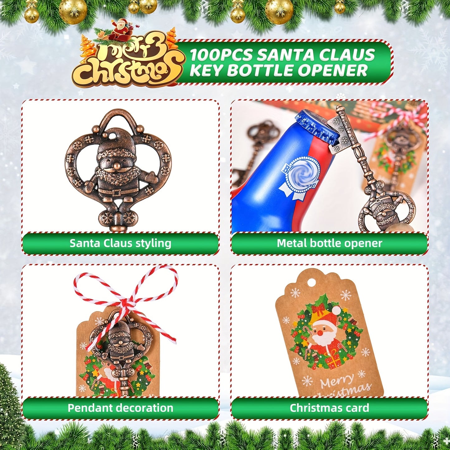 10 Santa Claus themed bottle openers for Christmas festivities, complete with cards and ropes. Perfect party favors for guests.