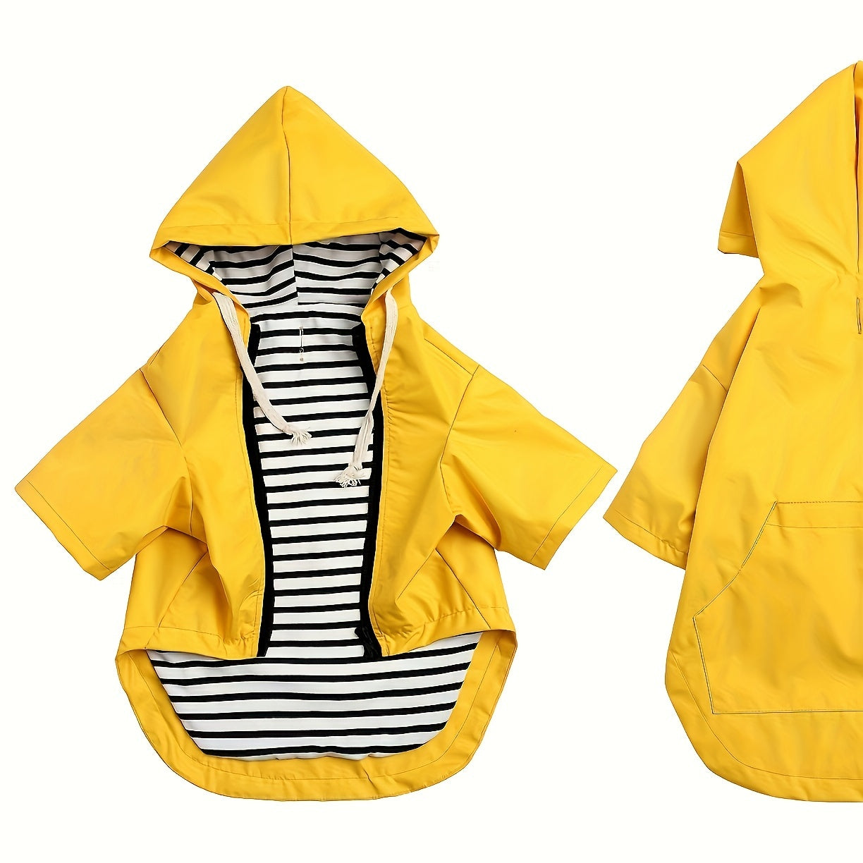 Yellow dog raincoat with reflective strip, buttons, zipper, adjustable drawstring, and detachable hood.