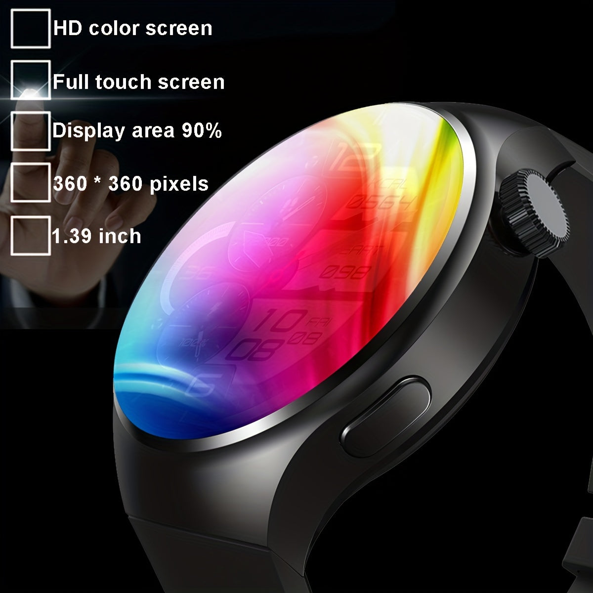 1.39-inch smartwatch with full touch screen for wireless calls, supports Android and iPhone, 100+ sports modes, customizable faces, tracks calories, steps, distance, and sports fitness.