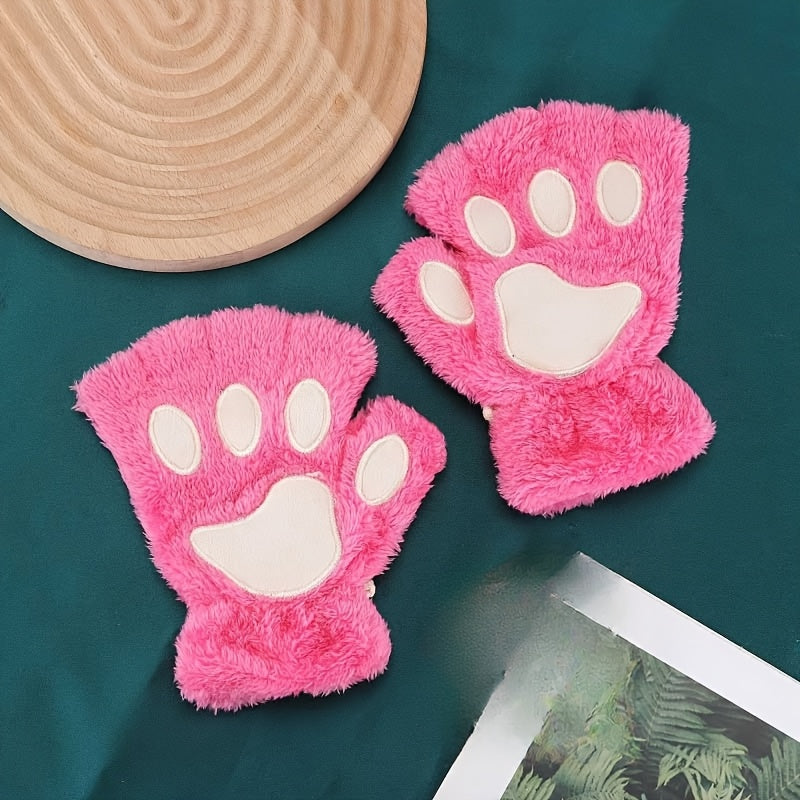 Stylish and Comfortable Cartoon Cat Paw Gloves, Featuring Thick Plush Half-Finger Design for Warmth & Fashion, Ideal for Parties.