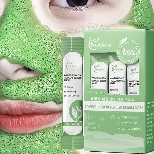 12-piece box of Composite Acid Tea Mud Bubble Mask with salicylic acid, lactic acid, centella asiatica, and niacinamide. Cleanses, refines pores, brightens, hydrates, and tightens skin