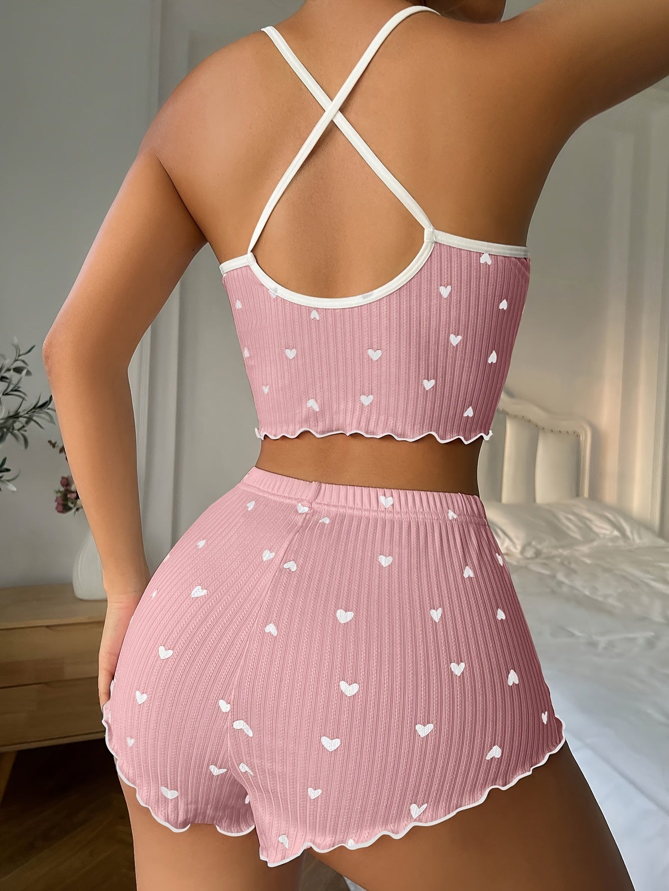 Heart print frill trim pajama set with backless crop top and shorts, perfect for summer nights.