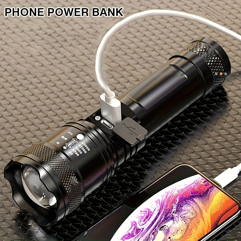 1pc Tactical LED Flashlight with Retractable Zoom, 3 Light Modes, USB Type-C Rechargeable, 1200mAh Lithium Battery, Non-Waterproof, Includes USB Cable, Portable Lighting for Outdoor Work