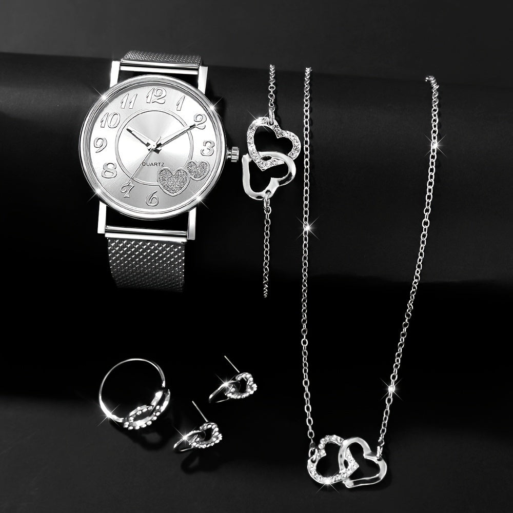 6-piece Women's Quartz Watch Set with heart-shaped decorative dial and soft strap, includes luxury necklaces, bracelets, earrings, and rings. Elegant holiday gift for her.