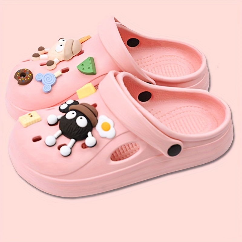 Beige EVA Clogs with Food & Cartoon Charms - Comfortable Slip-On Sandals for All Seasons, Easy to Clean