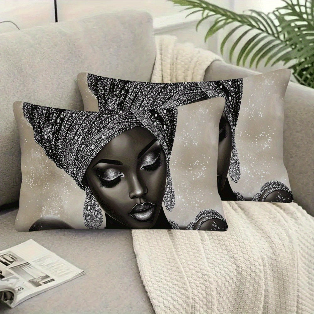 Two African Woman Themed Polyester Pillow Covers in Casual Style, Machine Washable with Zipper Closure. Space-Themed Decorative Cushion Cases designed for Back Sleepers, offering All-Season Comfort for ages 14 and up.