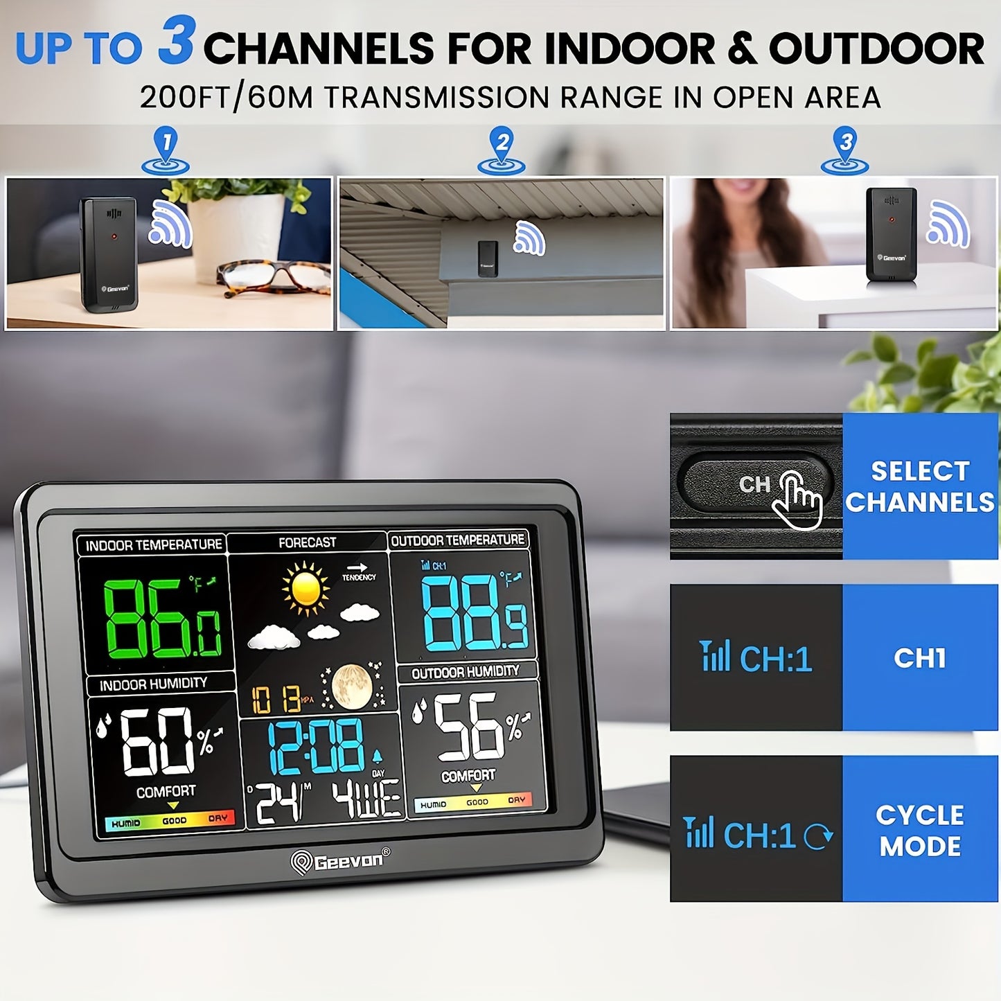 Geevon Wireless Weather Station features a color display and includes an indoor/outdoor thermometer, barometer, calendar, USB charging port, adjustable backlight, and multi-channel support