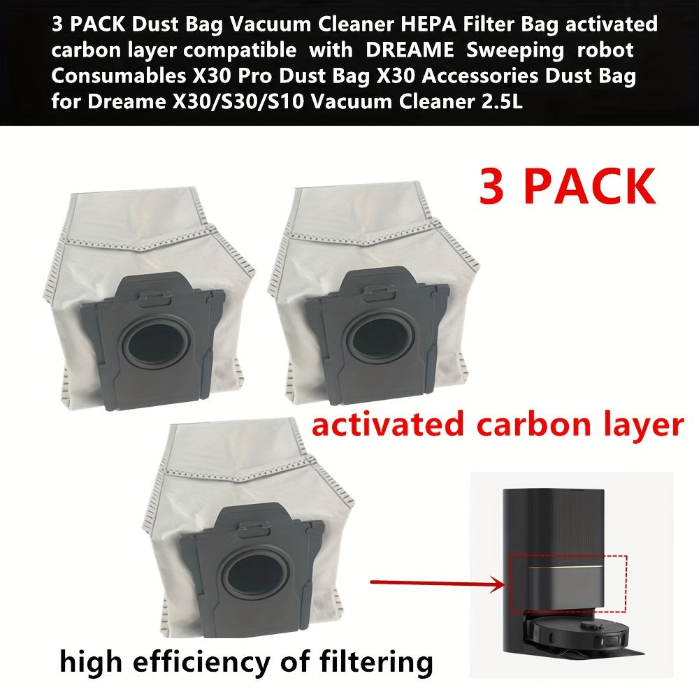 High Efficiency Filtration Dust Bag Vacuum Cleaner with HEPA Filter Bags and Activated Carbon Layer, 3 PACK for Dreame X30/S30/S10 Vacuum Cleaners