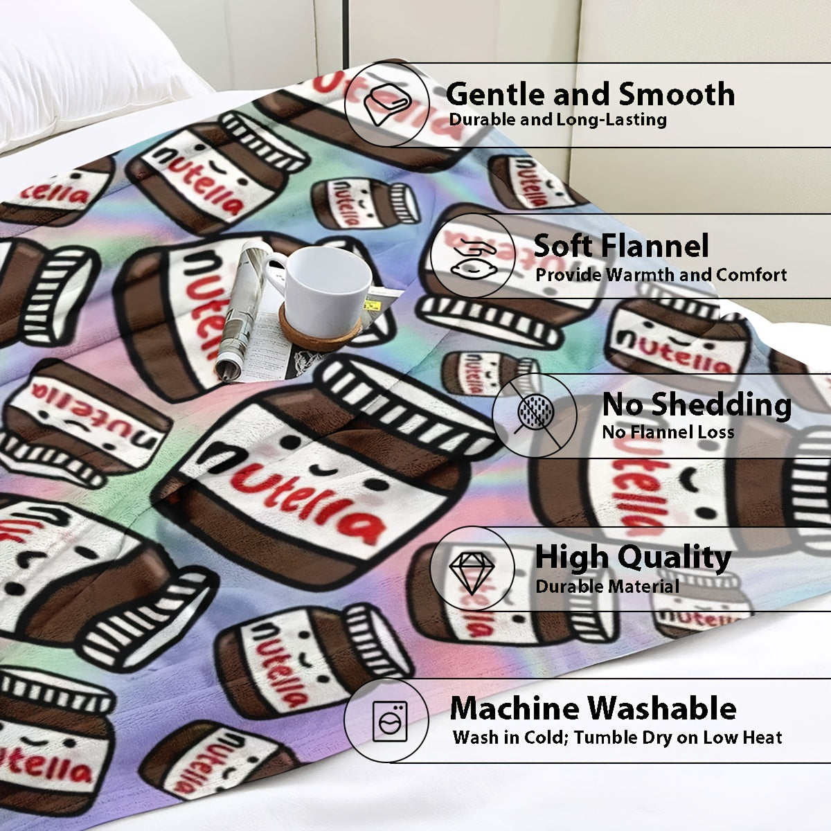 Soft and warm Nutella-themed flannel throw blanket featuring a contemporary design. This all-purpose blanket is perfect for any season and can be used at home, in the office, during fitness activities, while traveling, camping, on the couch, chair, or