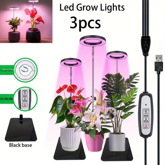 3 LED grow lights with stand, full spectrum, adjustable height, auto timer (2/4/8H), 4 brightness levels for small plants & home decor.