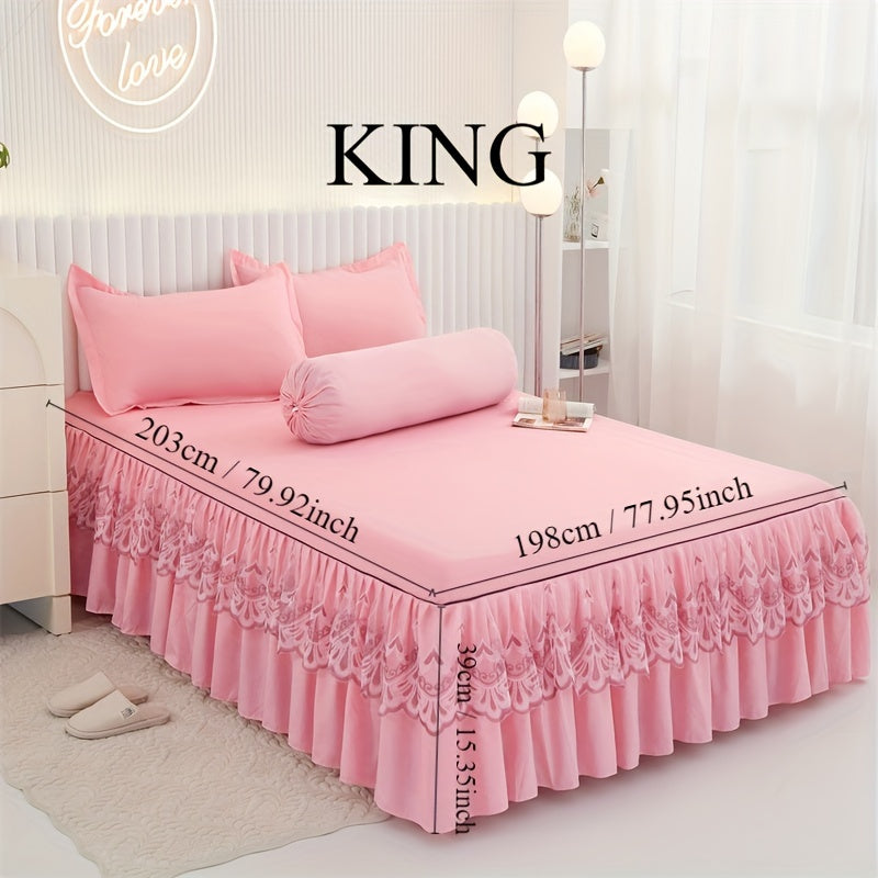 Chic 3-Piece Bed Skirt Set Featuring Double Layer Lace - Comes with 1 Bed Skirt and 2 Pillowcases, in a Solid Color. Non-Slip and Perfect for All Seasons, this Set is Machine Washable for easy care.