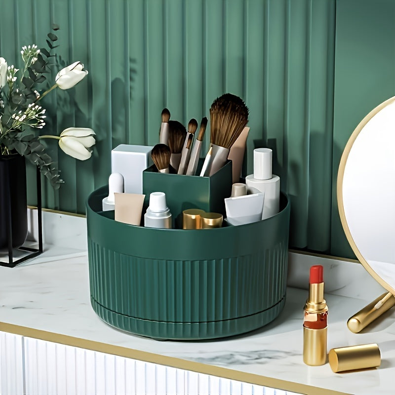 Rotating makeup organizer made of glossy ABS plastic, ideal for storing cosmetics on countertops in bedroom, vanity, or bathroom.