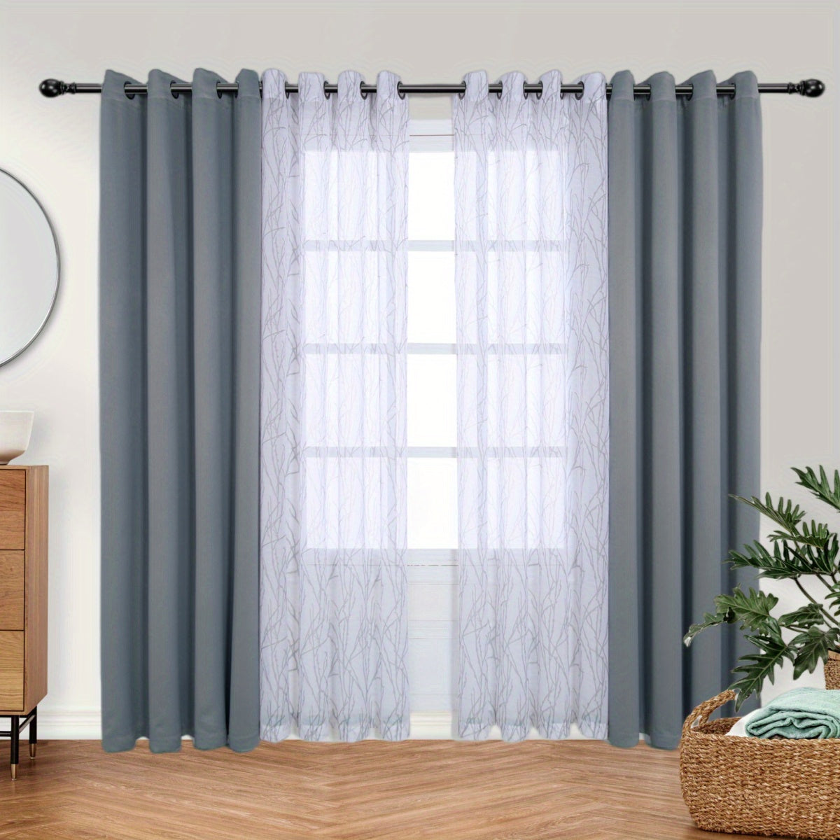 Pair of Curtains for Bedroom or Living Room - Includes 1 Sheer Branch Print Curtain and 1 Blackout Curtain, Grommet Style, 54x84 Inch Each, Dark Gray, Set of 2 Panels