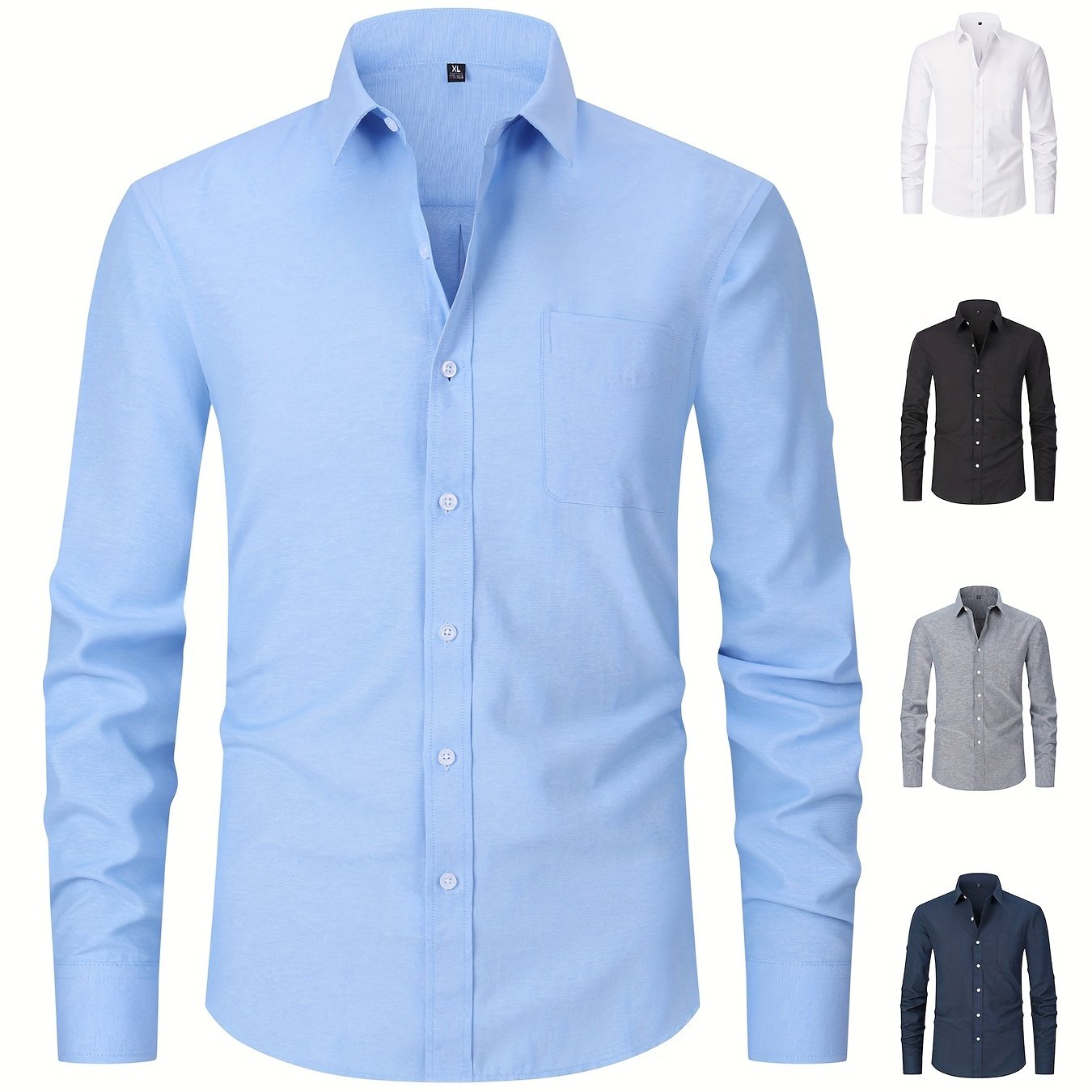 Men's loose fit cotton blend oxford dress shirt with long sleeves, single-breasted placket, mature lapel collar, solid color, and front pocket detail, perfect for spring and fall seasons.