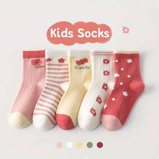 10 pairs of girl's knitted socks with cartoon heart pattern, soft and breathable for outdoor wear.