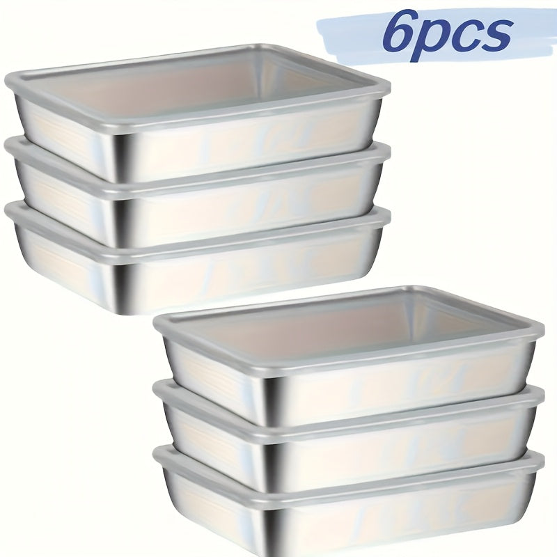 Set of 6 large stainless steel square food storage containers with transparent lids. Leak proof, stackable, ideal for meat, fruits, and vegetables. Great for home and outdoor use.