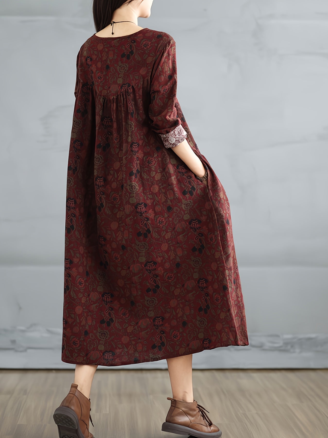 Chic vintage floral linen dress with long sleeves, round neck, A-line silhouette, pockets, non-stretch fabric, street style, loose fit, slimming design. Hand or dry clean only.