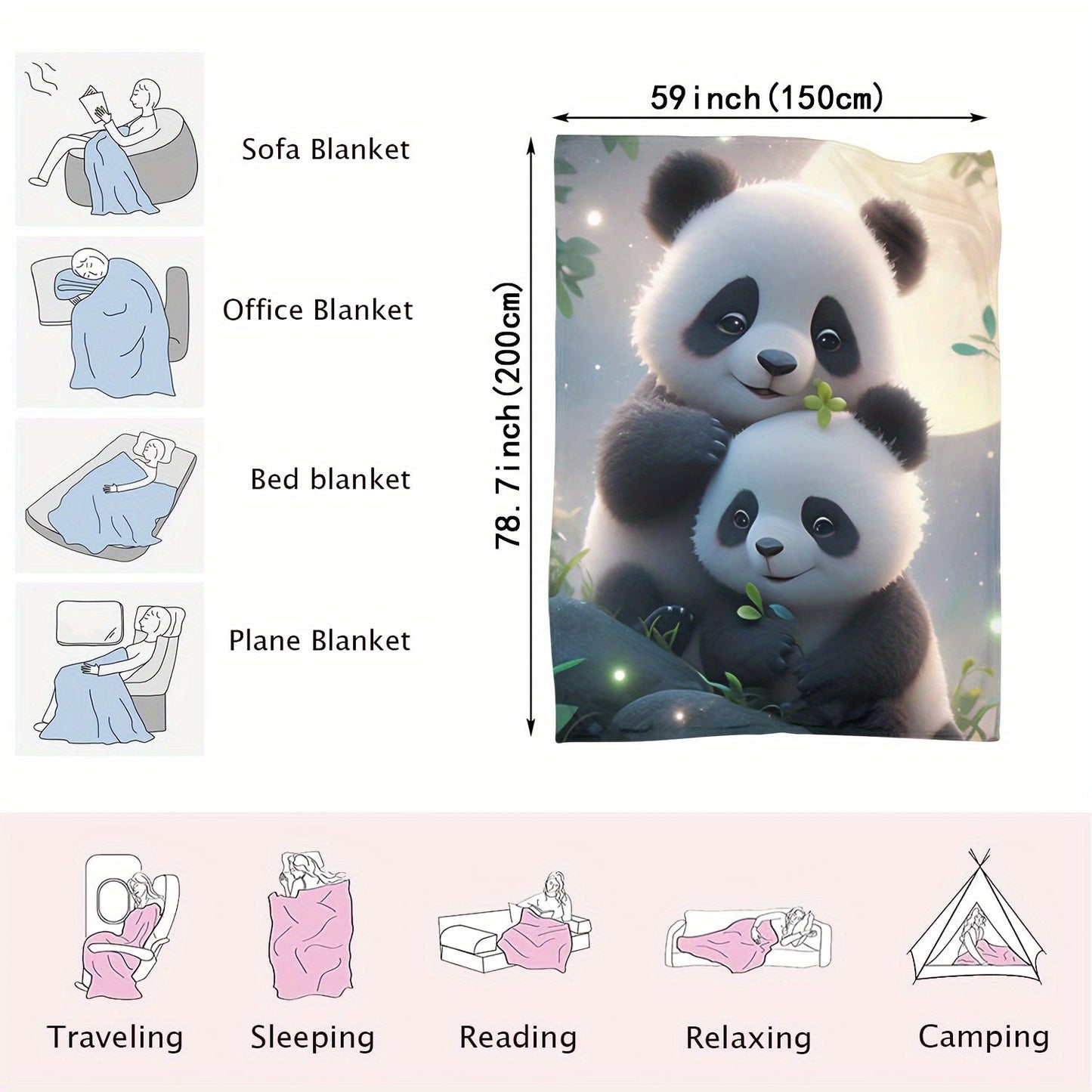 Soft and cozy panda print flannel throw blanket that is warm and versatile for use on the couch, bed, office, or camping. Features a stylish blue color.