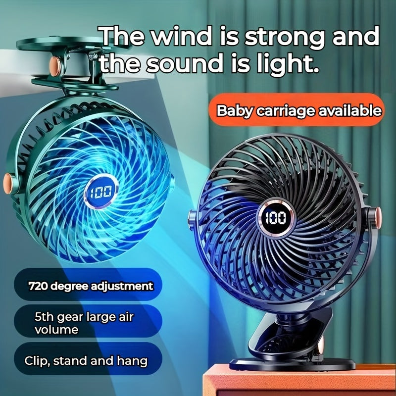 Black Portable Clip-On Fan with 360° Rotatable design is perfect for various settings such as outdoor camping, golf carts, strollers, and home offices. This silent mini table fan offers 5-speed settings and features a built-in lithium battery with