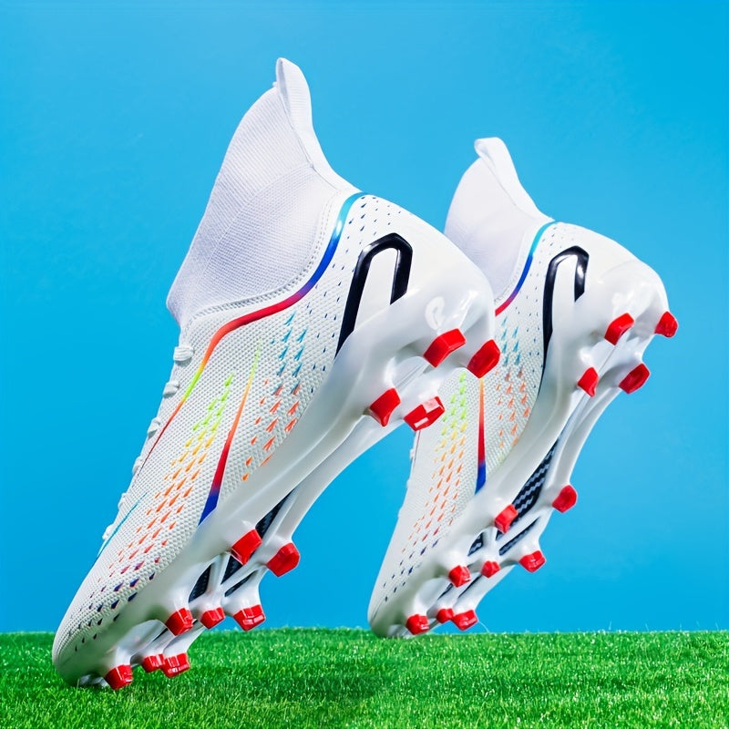 High top turf football boots for men, professional outdoor anti-skid lace up soccer cleats for training and competition in summer rain.