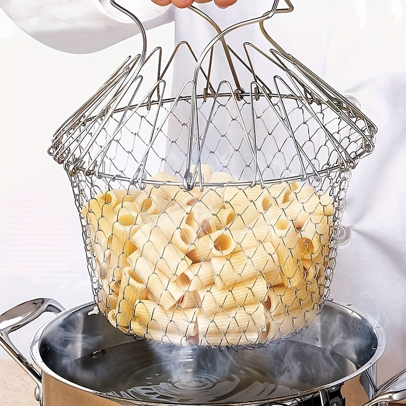 1 piece of Stainless Steel Frying Basket: a foldable, steam rinse, and strain kitchen tool for frying and cooking fried food in the household. A versatile kitchen gadget for all your cooking needs.