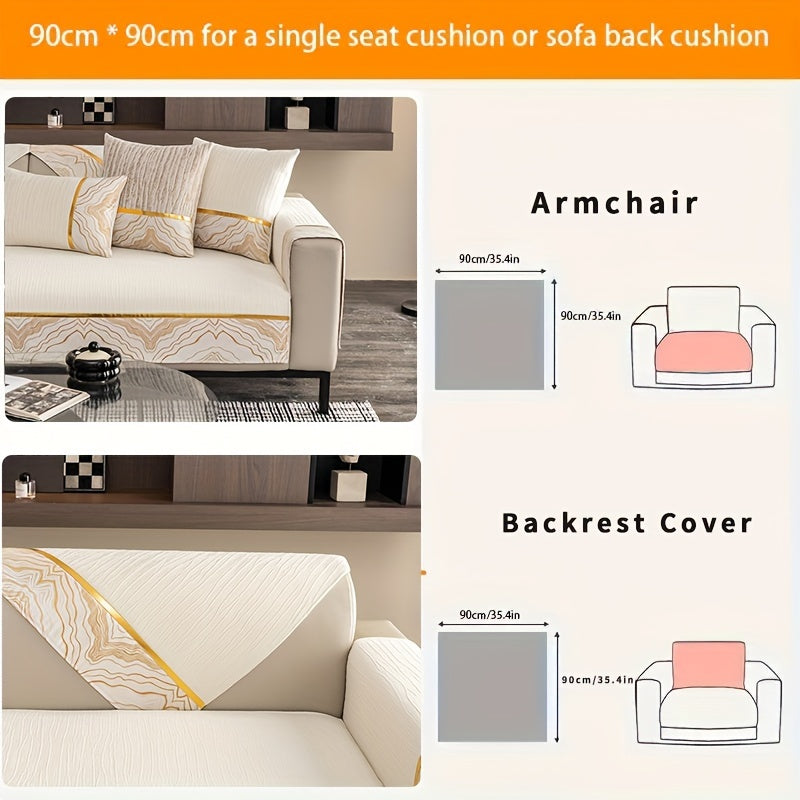 Chenille sofa cover in neutral tones with golden accents, suitable for all seasons, non-slip and pet-friendly, fits 1-4 seater L-shaped sofas. Machine washable and ideal for contemporary