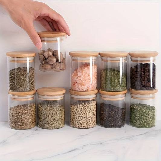 A dozen glass spice jars with bamboo lids, carefully packaged in foam boxes to ensure they arrive safely, perfect for organizing your kitchen spices.