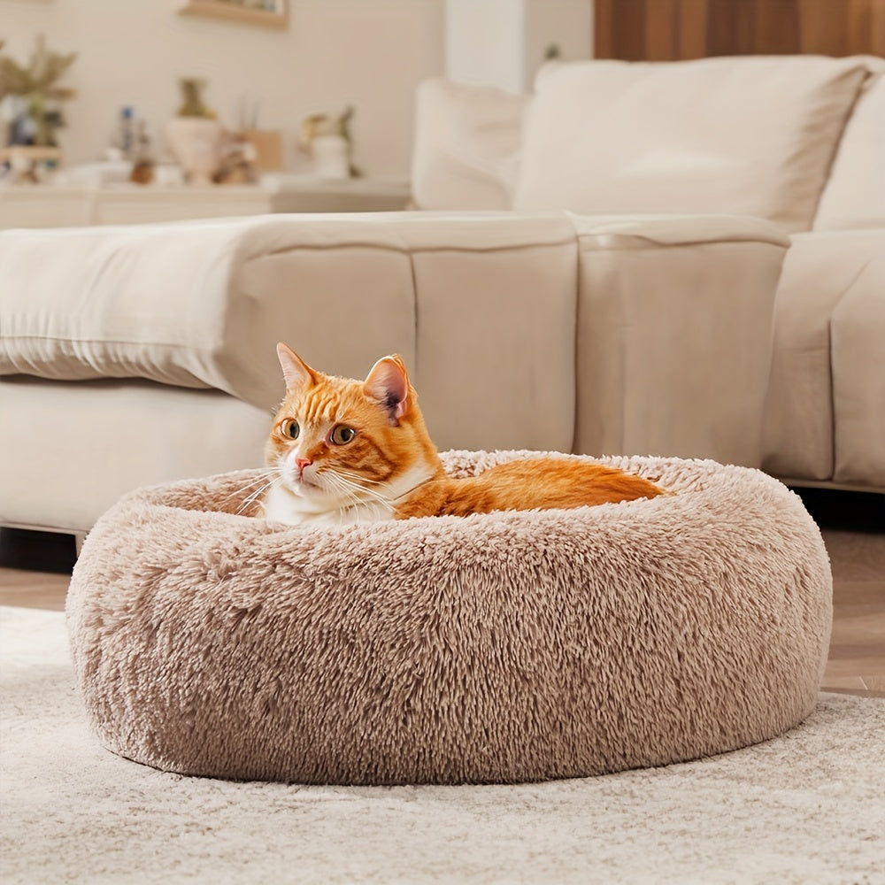 Cozy round pet bed for dogs, ideal for autumn and winter indoor sleeping.