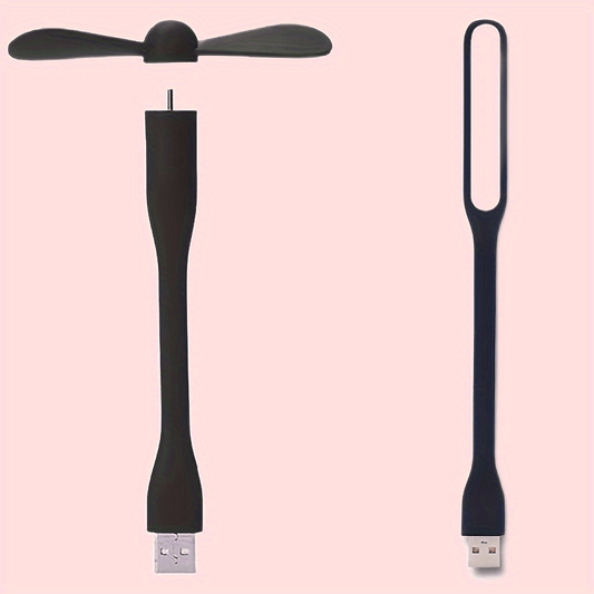 Mini USB fan with flexible bendable design for cooling, includes USB LED light for power bank, notebook, and computer. A summer gadget.