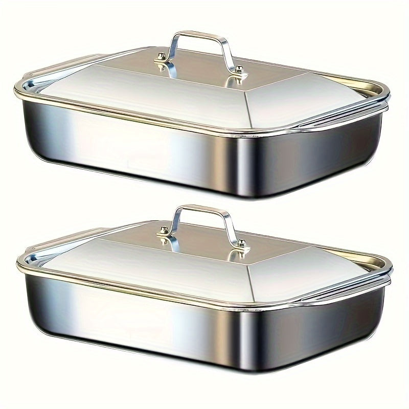 2 Piece Set of Nonstick Stainless Steel Roasting Pans with Lids - Heavy-Duty Rectangular Roaster for Various Uses, Including Baking, Grilling, Serving, and Heating. Perfect for Holiday and Special Events like Christmas, Halloween, Easter, and