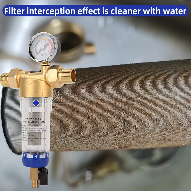 Stainless steel mesh sediment pre-filter replacement for whole house water filtration, no electricity required, transparent plastic and metal construction.