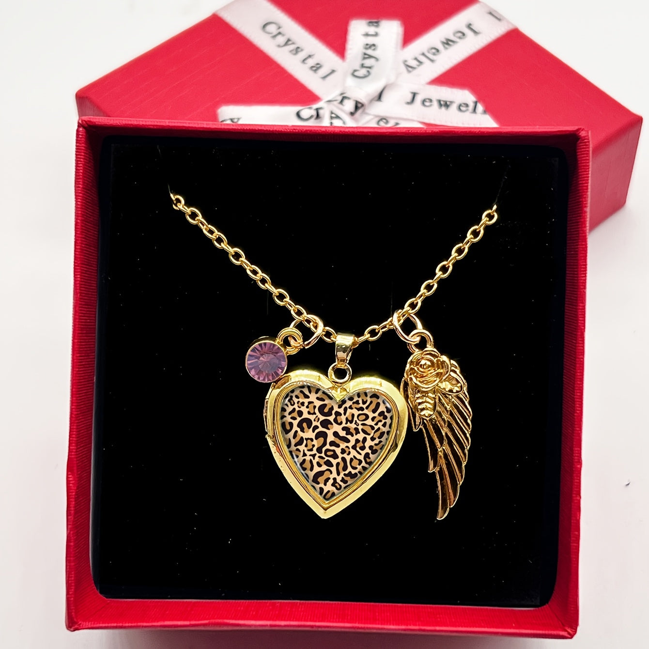 Stylish Heart-Shaped Photo Locket Necklace with Leopard Print Design, December Birthstone, Rhinestone Detail, Copper Material - Comes in a Red Gift Box, Ideal for Valentine's Day or Anniversary Celebrations, Golden Color, Wing Accent