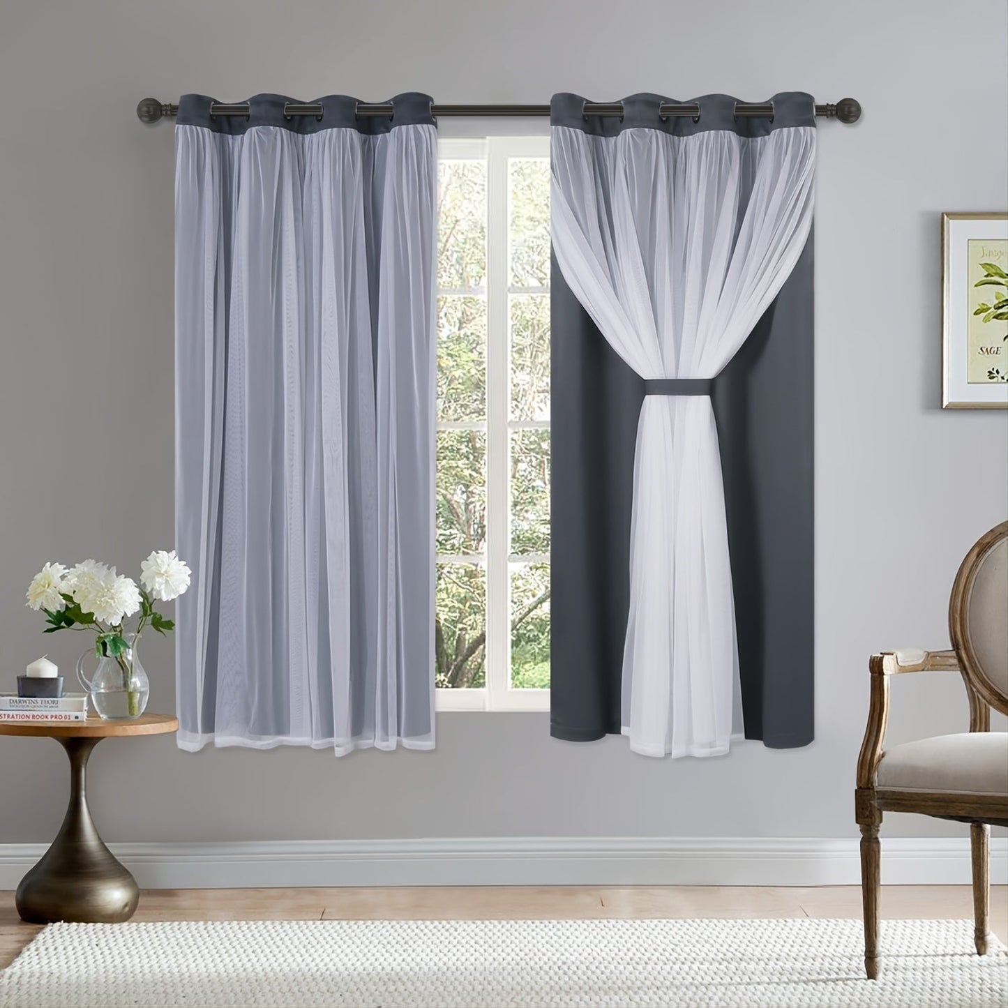 Grey bedroom blackout curtains with white sheer voile double-layered combination, featuring grommet design for easy hanging.