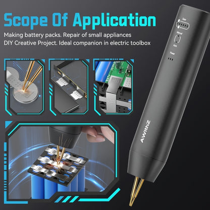 Rechargeable handheld spot welder with 11 adjustable levels, ideal for DIY 18650 batteries and electronic projects. Suitable for both automatic and manual modes, perfect for electronics