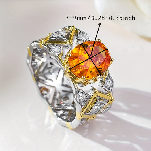 Stunning 925 Sterling Silver Ring featuring Synthetic Gemstones, 7*9mm Fanta Orange Oval Cut, Unplated - Gorgeous Vintage Court Style Jewelry for Women, Perfect for Daily Wear and Special Occasions, Comes in a Mardi Gras Gift Box.